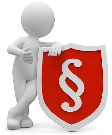 3D-Männchen lehnt an einem großen Schild mit Paragraphenzeichen.