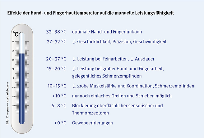 Grafik Temperatur/manuelle Leistungsfähigkeit Grafik: Effekte der Hand- und Fingerhauttemperatur auf die manuelle Leistungsfähigkeit.