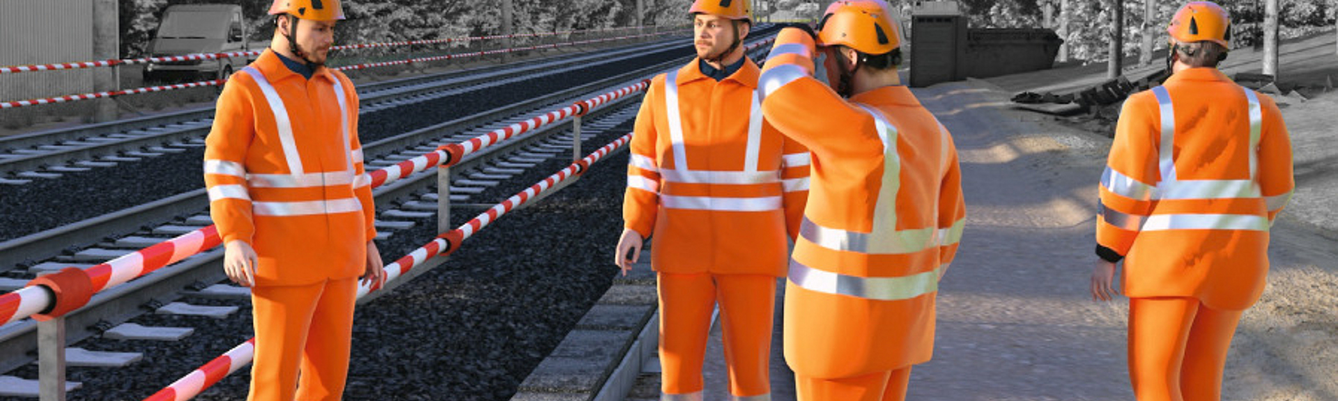 Bauarbeiter arbeiten am Gleis unter wirksamen Sicherungsmaßnahmen.