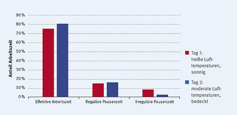 Abb. 1: Verteilung der Arbeitszeit auf effektive Arbeitszeit, reguläre Pausenzeit und irreguläre Pausenzeit an zwei Arbeitstagen mit unterschiedlichen thermischen Bedingungen.