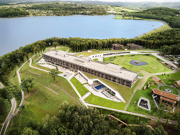 Vogelperspektive auf die Hotelanlage