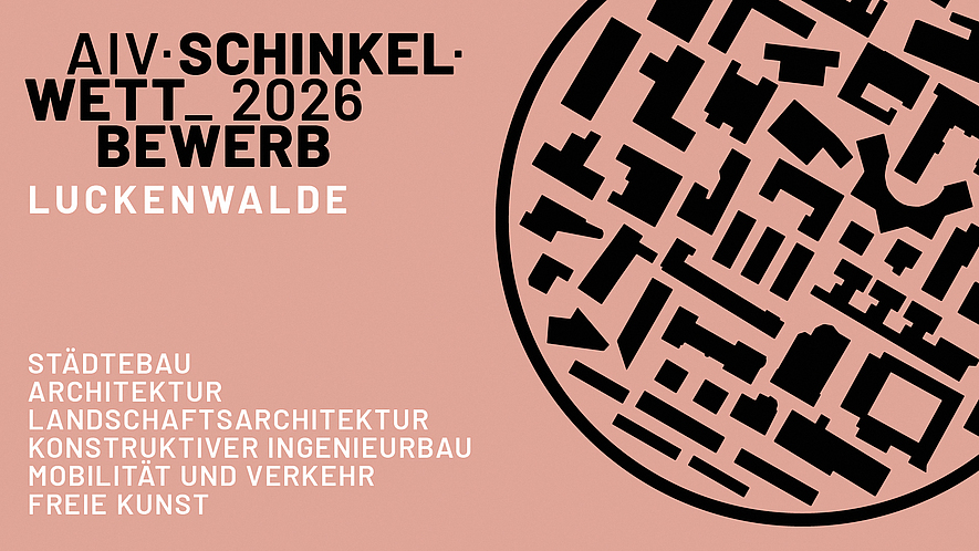Grafik zum AIV-Schinkel-Wettbewerb 2026 in Luckenwalde mit schwarzem Stadtgrundriss auf rosafarbenem Hintergrund.