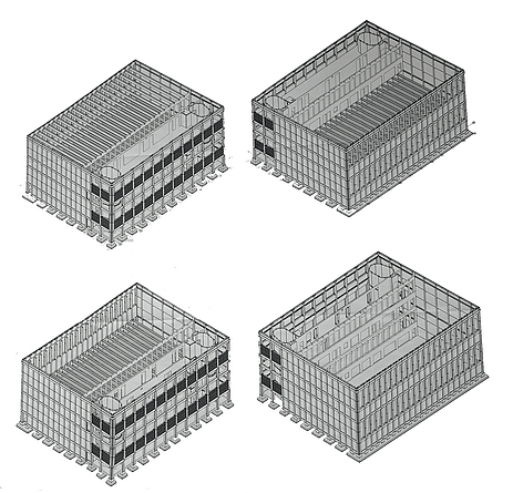 Grafik, die vier Modelle des Schulgebäudes mit den jeweiligen Modulen zeigt.