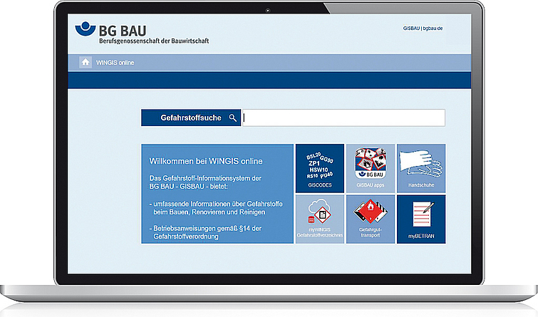 Das Gefahrstoff-Informationssystem WINGIS ist online unter www.wingisonline.de erreichbar. Screenshot der Website www.wingisonline.de