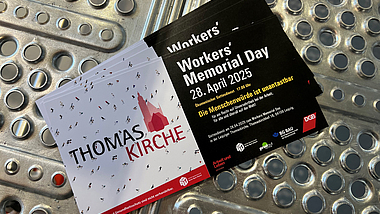 Einladungskarte Workers Memorial Day Eine Einladungskarte der IG BAU, die zum Workers Memorial Day zu einem Gottesdienst einlädt.