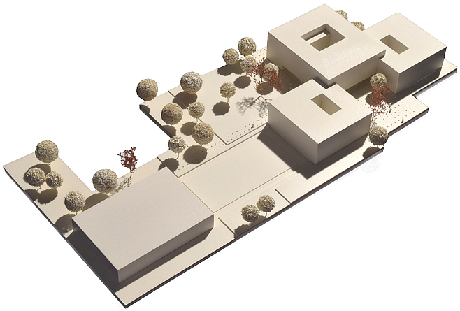 Architekturmodell eines Stadtquartiers mit mehreren kubischen Gebäuden und begrünten Freiflächen.