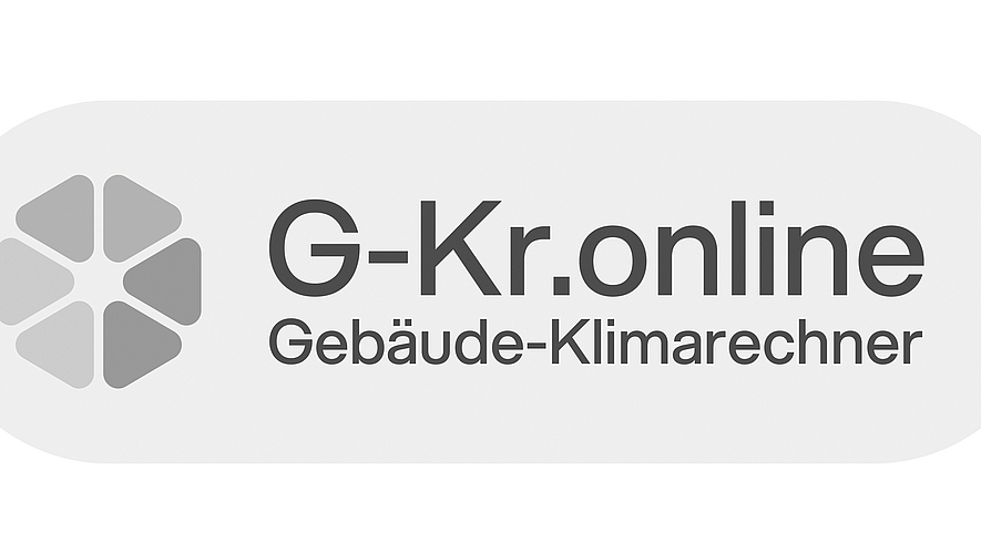 Logo „G-Kr.online“ mit Zusatz „Gebäude-Klimarechner“ auf grauem Hintergrund.