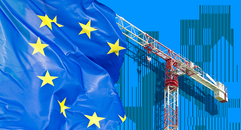 Konzept mit einer imaginären Stadtlandschaft vor einer europäischen Flagge und einem Turmdrehkran.