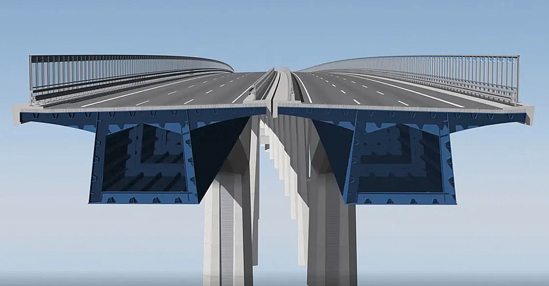 Computergenerierte Visualisierung der neuen Rader Hochbrücke mit den beiden parallel verlaufenden Trassen.. Computergenerierte Grafik der neuen Rader Hochbrücke.