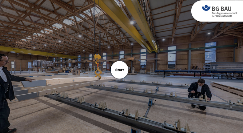 Der Screenshot des BG BAU-Lernportals zeigt die VR-Anwendung "360° Vormontage".