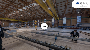 Screenshot "360° Vormontage" Der Screenshot des BG BAU-Lernportals zeigt die VR-Anwendung "360° Vormontage".