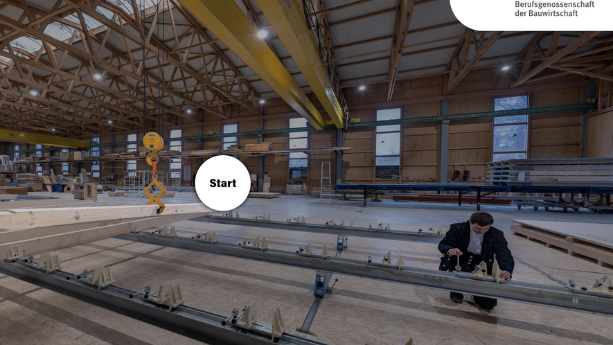 Der Screenshot des BG BAU-Lernportals zeigt die VR-Anwendung "360° Vormontage".