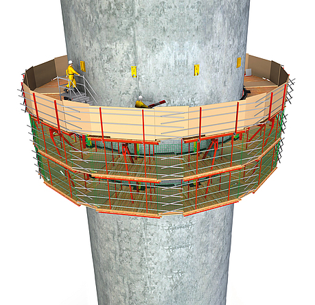 Die Grafik zeigt die schematische Darstellung einer Kletterbühne, die beim Schornstein-Rückbau verwendet wird.