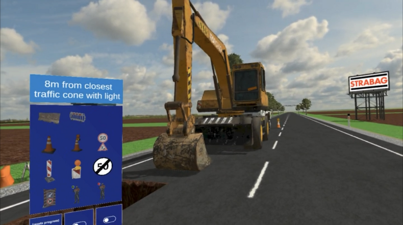 Screenshot aus der VR-Anwendung zeigt Baumaschine an einer Straßenbaustelle.