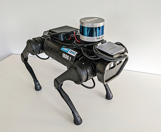 Schwarzer Roboterhund mit vier Beinen.