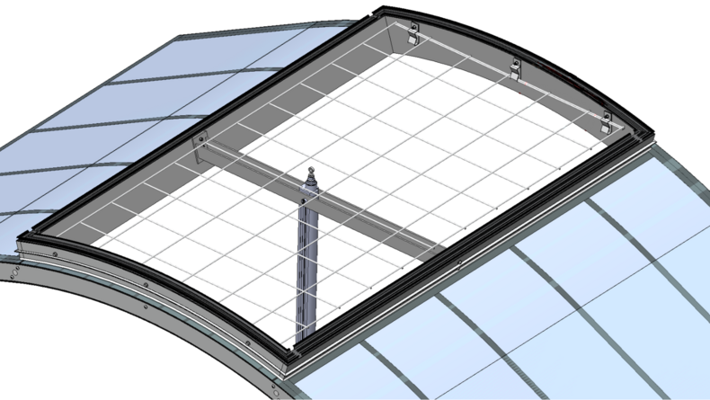 Illustration einer VELUX Durchsturzsicherung AS_GRILLODUR SGG mit Gittereinsatz unter einem gebogenen Glasdachfenster.