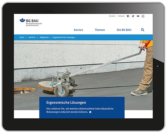 Screenshot der BG BAU Webseite Ergonomische Lösungen