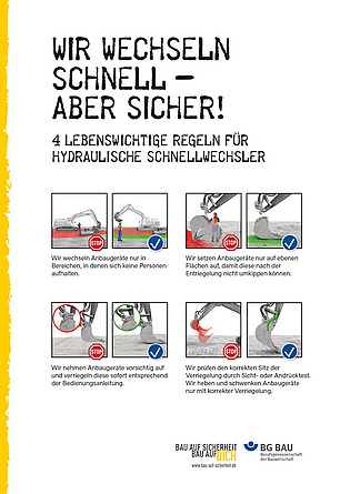 Plakat mit den vier Sicherheitsregeln für hydraulische Schnellwechsler Plakat mit den vier Sicherheitsregeln für hydraulische Schnellwechsler