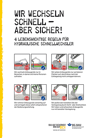 Plakat mit den vier Sicherheitsregeln für hydraulische Schnellwechsler