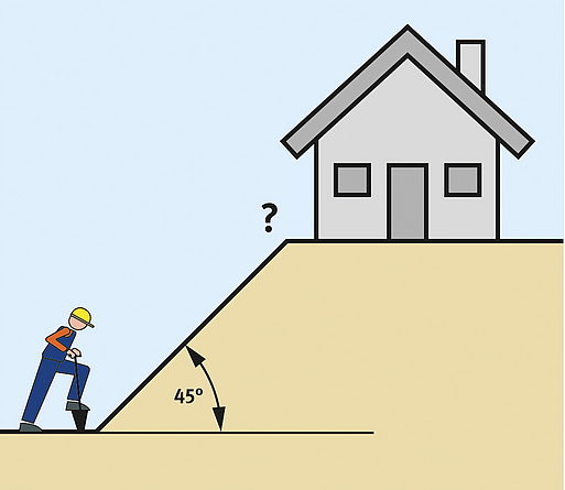 Baugrube mit Randbebauung an der Oberkante der Böschung Grafik, auf der ein Haus an der Oberkante einer Böschung mit einem Winkel von 45° zu sehen ist. Am Fuß der Böschung steht eine Person und gräbt.