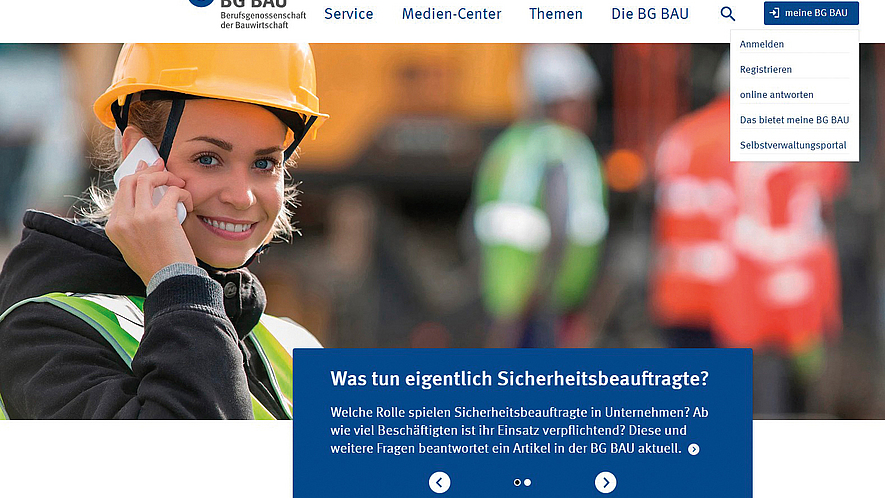 Screenshot der Website der BG BAU mit hervorgehobenem Menüpunkt "meine BG BAU".