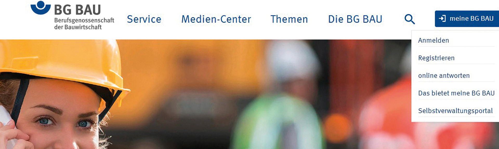 Screenshot der Website der BG BAU mit hervorgehobenem Menüpunkt "meine BG BAU".