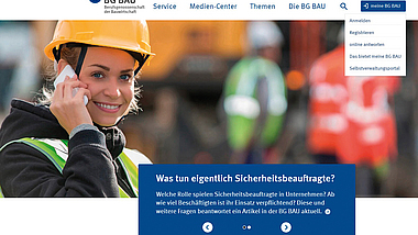 Screenshot der Website der BG BAU mit hervorgehobenem Menüpunkt "meine BG BAU".