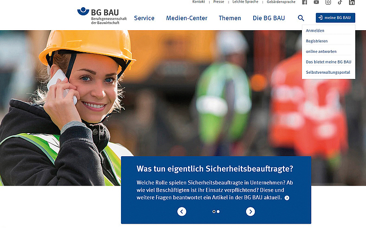 Screenshot der Website der BG BAU mit hervorgehobenem Menüpunkt "meine BG BAU".