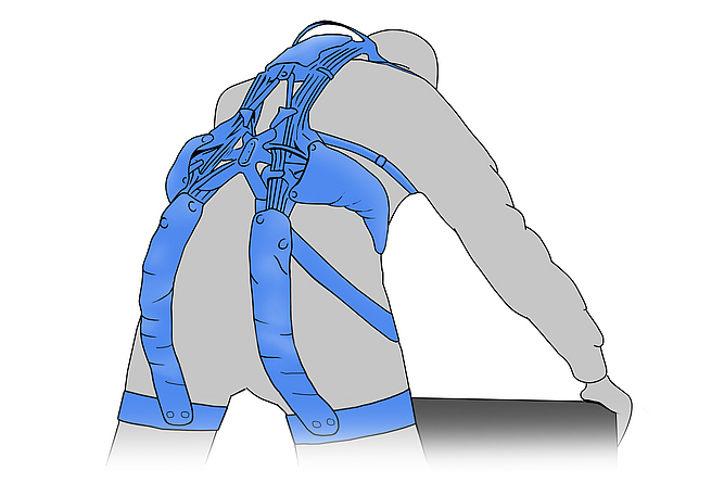 Zeichnung einer Person, die ein blaues Exoskelett am Rücken trägt, das zur Unterstützung bei körperlicher Arbeit dient.
