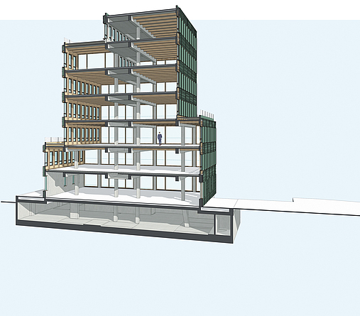 Beim Hybridbau wird in konstruktiven Bauteilen meist Holz mit Beton bzw. Stahlbeton kombiniert. Beim Hybridbau wird in konstruktiven Bauteilen meist Holz mit Beton bzw. Stahlbeton kombiniert.