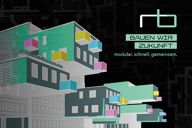 Grafik mit stilisierten Gebäuden und dem Schriftzug „BAUEN WIR ZUKUNFT – modular, schnell, gemeinsam.“ auf dunklem Hintergrund.