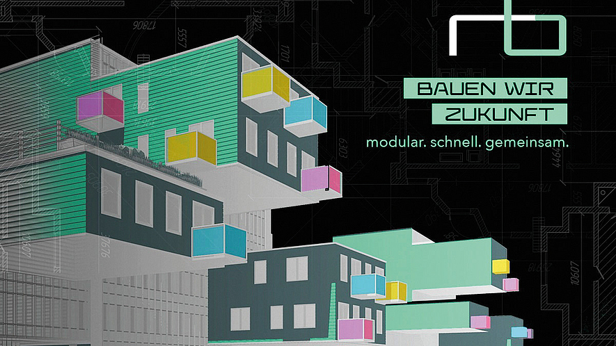 Grafik mit stilisierten Gebäuden und dem Schriftzug „BAUEN WIR ZUKUNFT – modular, schnell, gemeinsam.“ auf dunklem Hintergrund.
