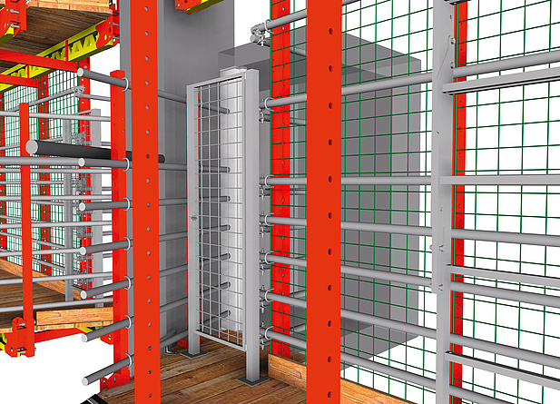 Die schematische Darstellung zeigt den Übergang vom Bauaufzug auf die Übergangsbühne.