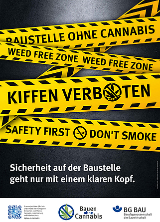 Poster zum Thema Arbeitsschutz-Cannabis mit gelben Absperrbändern: Kiffen verboten.