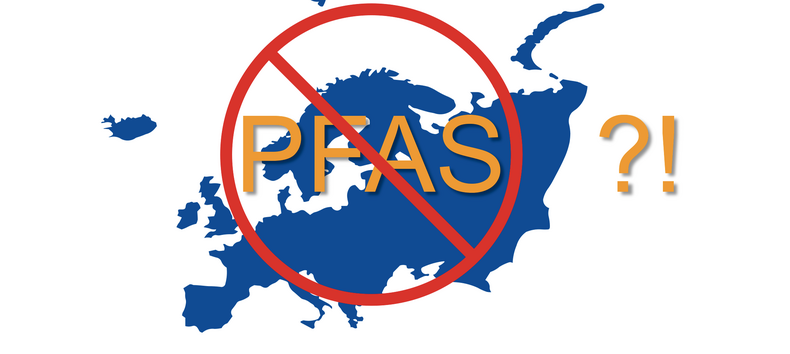 Grafik, die den Umriss von Europa zeigt. Darüber liegt ein Verbotsschild von PFAS und daneben ist ein Fragezeichen und ein Ausrufezeichen.