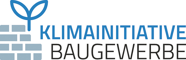 Illustriertes Logo der „Klimainitiative Baugewerbe": Aus einer Mauer wächst eine zweiblättrige Pflanze.