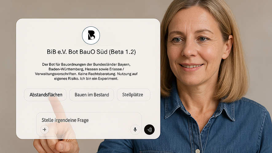 BiB-Bauordnungs-Bot Eine Frau klickt auf ein vor sich stehendes Fenster, auf dem die Webseite des BiB-Bauordnungs-Bots angezeigt wird.