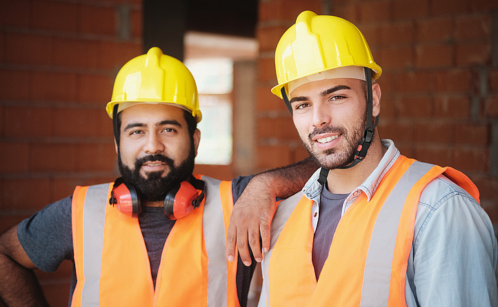 Portrait zweier Bauarbeiter auf einer Baustelle.
