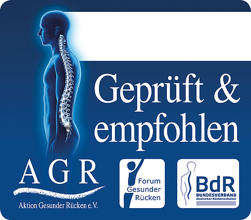 Siegel mit Wirbelsäulen-Grafik und dem Text: ‚Geprüft & empfohlen‘ sowie den Logos von AGR, Forum Gesunder Rücken – besser leben e. V. und BdR.