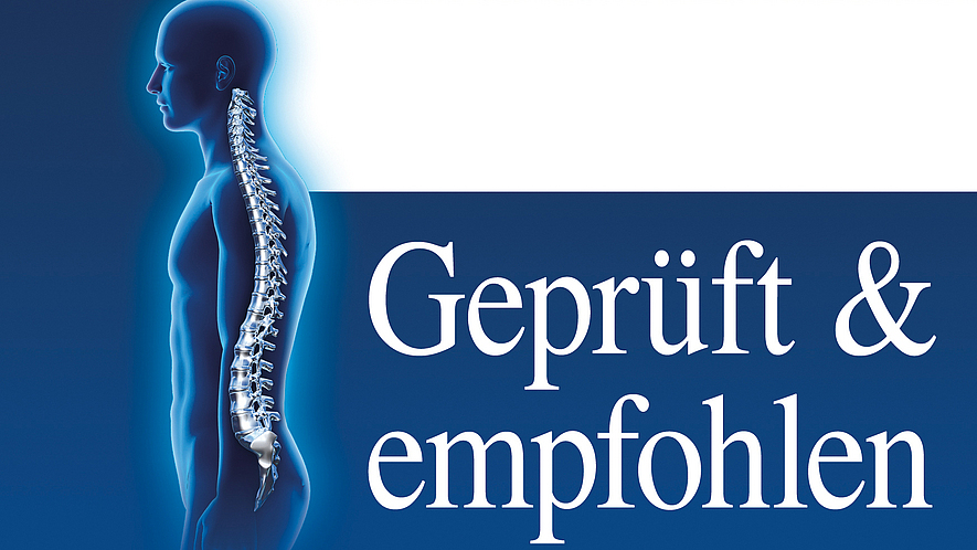 Siegel mit Wirbelsäulen-Grafik und dem Text: ‚Geprüft & empfohlen‘ sowie den Logos von AGR, Forum Gesunder Rücken – besser leben e. V. und BdR.