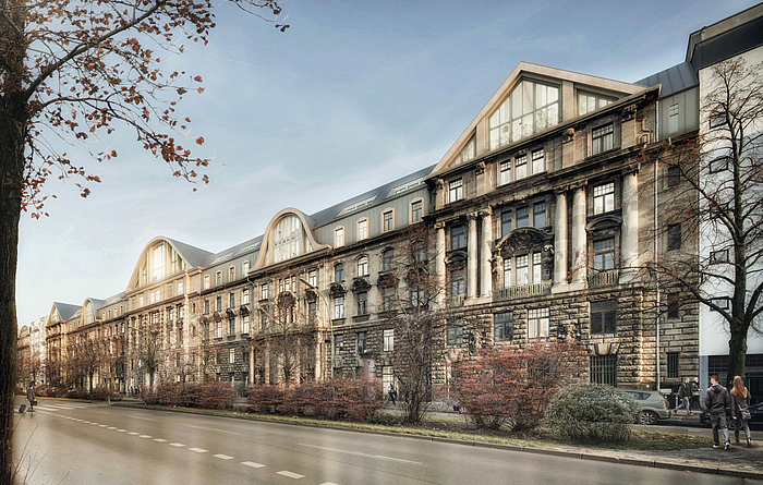 Visualisierung der restaurierten Fassade des Hauptgebäudes mit neuer Dachkuppel nach Fertigstellung Bildmontage der fertig restaurierten Fassade der Victoriahöfe, ein denkmalgeschütztes Gebäude aus der Gründerzeit.