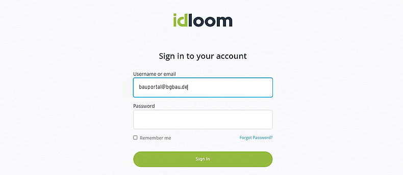 Screenshot der Anmeldung bei idloom.passport.