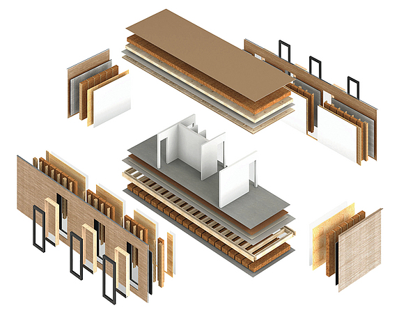 Alle Module sind in Holzständer-Bauweise aus recycelfähigen, weitestgehend nachwachsenden Materialien aufgebaut. 3D-Darstellung eines in Holzständerbauweise zusammengesetzten Moduls