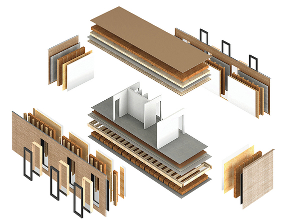 3D-Darstellung eines in Holzständerbauweise zusammengesetzten Moduls