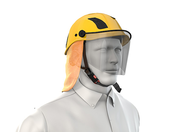 Industrieschutzhelm EN 397 mit 4-Punkt Kinnriemen und Sonnenschutz Industrieschutzhelm EN 397 mit 4-Punkt-Kinnriemen, Nackenschutz und Sonnenschutzvisier.