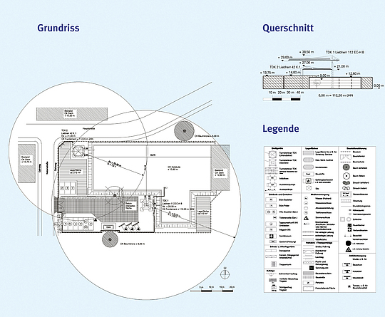 Dreiteilige Grafik, die den Grundriss eines Planes zur Baustelleneinrichtung, den Querschnitt und die Legende enthält.