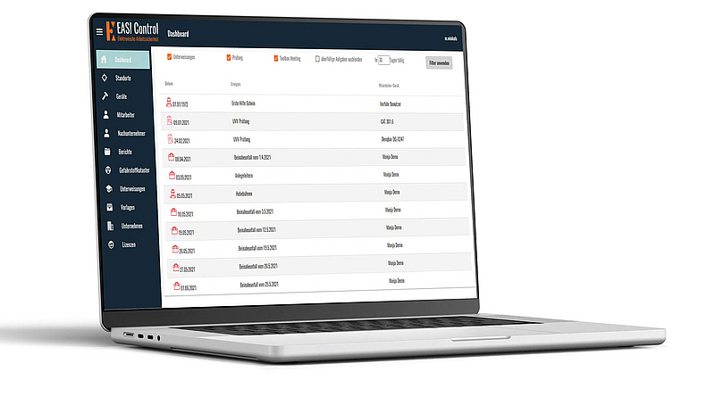 Geöffneter Laptop, auf dem das Dashboard von EASI Control zu sehen ist.