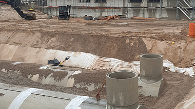 Baugrube mit eingebauten Sickertunneln und aufgesetzten Schächten aus Stahlbeton vor einem eingerüsteten Gebäude.