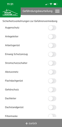 Screenshot Gefährdungsbeurteilung der „MÜLLER + DUSCHER App.